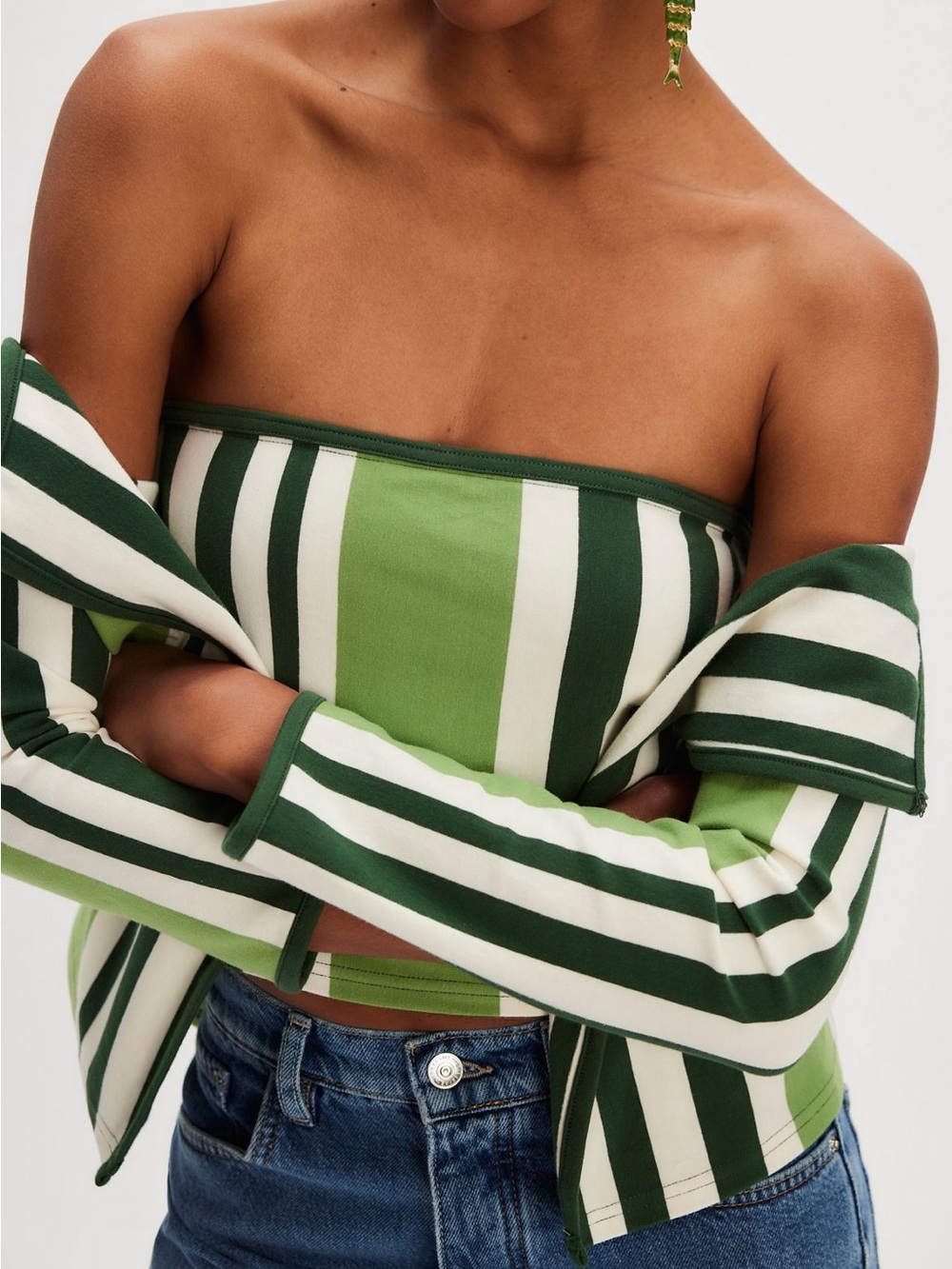 Free People Green & White Striped Off-Shoulder Tube Top
